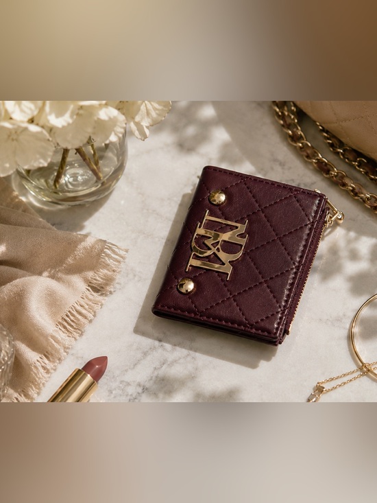 Badgley Mischka Accessories - Badgley Mischka Quilted Card & Key Holder in Burgundy with Gold Hardware